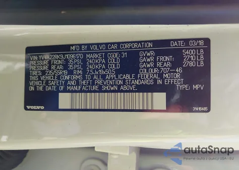 2018 Volvo Xc60 T6 Momentum z USA, uszkodzony, nr VIN YV4A22RK9J1096170